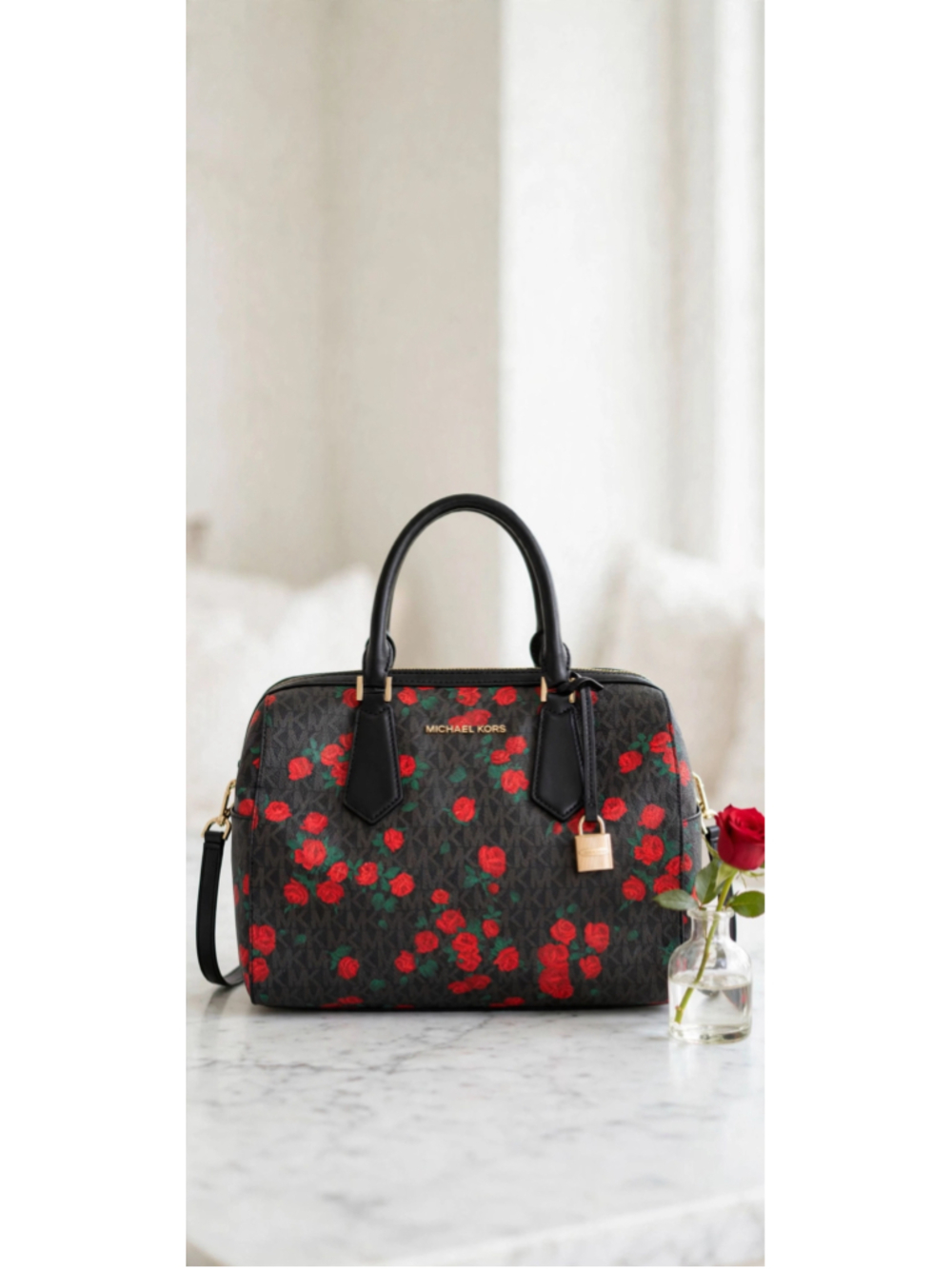 Michael Kors Hayes Duffle Satchel + Wallet Set - Tea Rose Floral Black Red